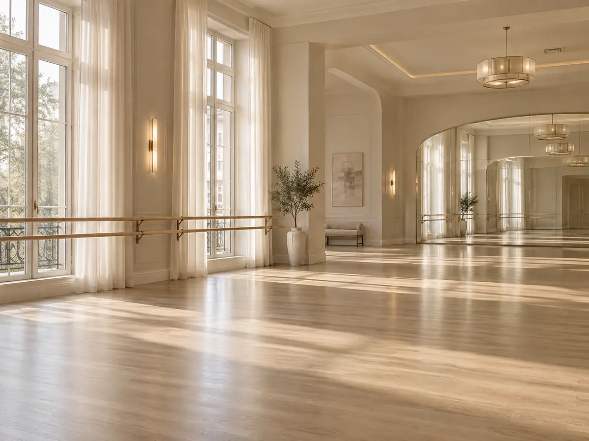 Large warm minimal ballroom studio