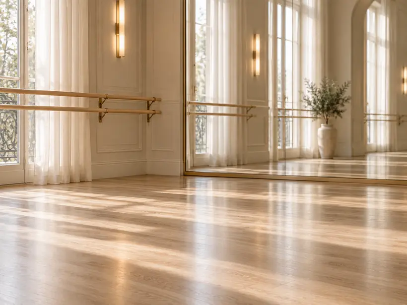Detail of clean ballroom floor and studio mirror